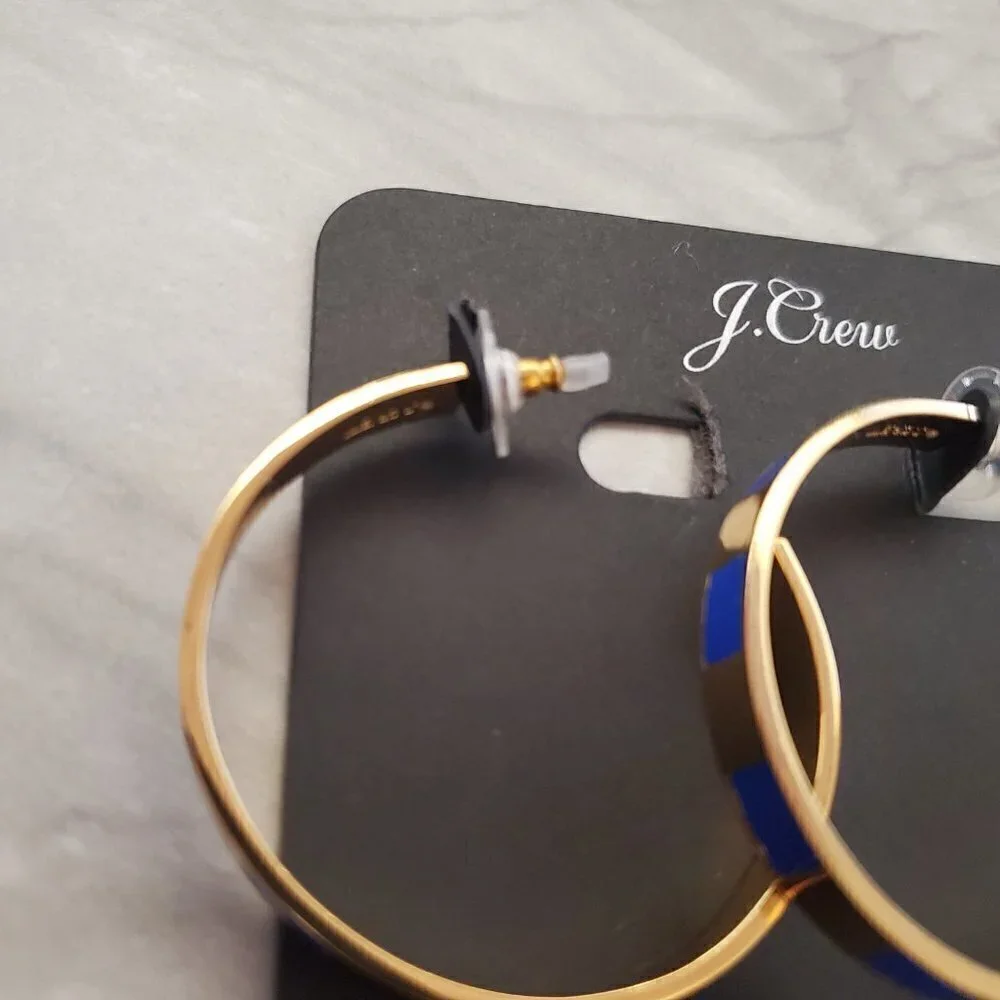 💙 NEW J.Crew Blue Sapphire Striped Enamel Hoop Gold Drop Dangle Earrings 💙